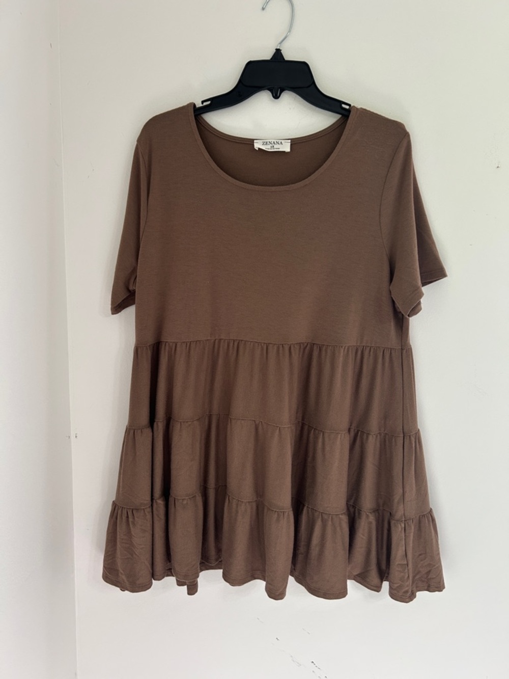 Zenana Outfitters Short Sleeve Tiered Tunic - Brown